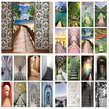 Дверные наклейки визуальное пространство пляжный коридор искусство водонепроницаемые обои гостиная спальня дверные обои ПВХ самоклеящиеся наклейки 50x125cm(1pcs)