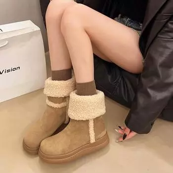 Двое теплых зимних ботинок 2024 года, новые бархатные ботинки на толстой подошве из северо-восточного хлопка, женские ретро-складные ботинки среднего размера прилив 35 чёрный