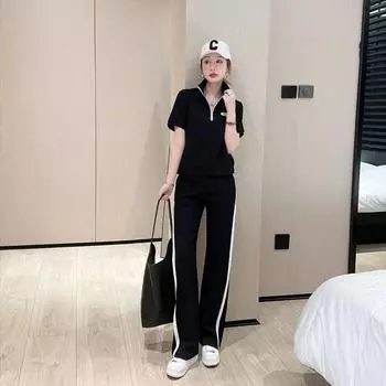 Двойка в западном стиле, свободные брюки с широкими штанинами и короткими рукавами, визуально стройнящая Black M