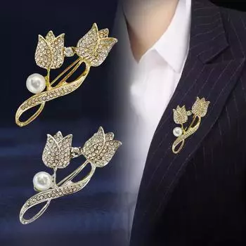 Двойная головка тюльпан брошь женский цветок корсаж пальто булавка для пальто костюм аксессуары 1 pc золотой