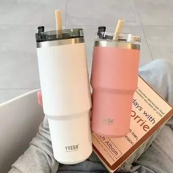 Двойная кофейная кружка из нержавеющей стали 304 с соломенной ручкой, кофейная кружка, колба с вакуумной изоляцией, термос, напитки, автомобильная дорожная бутылка для воды 600ml