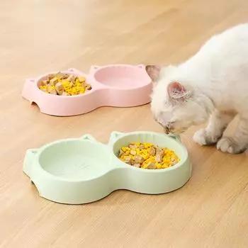 Двойная миска для домашних кошек из экологически чистого полипропилена в форме мордочки мультяшного кота, миска для кормления водой, нескользящая кормушка для щенков и кошек