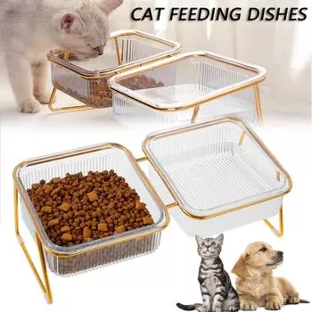 Двойная миска для домашних животных Прозрачная высокая ножка, миски для кошек, наклоненная на 15°, миски для еды, устойчивая, приподнятая миска для кошек, против рвоты