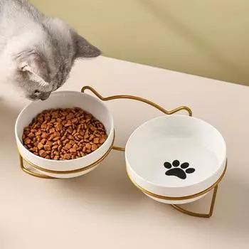 Двойная миска для котят, приподнятая круглая керамическая миска для воды для кошек, практичная для кошек gold-Cat Paw