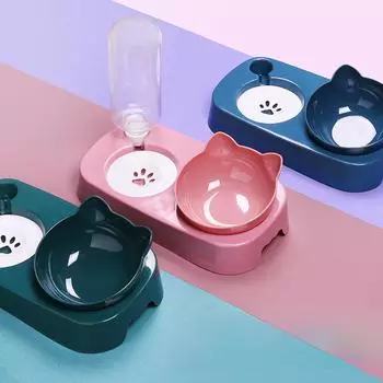 Двойная миска для собак и кошек с автоматическим диспенсером питьевой воды розовый/персиковый