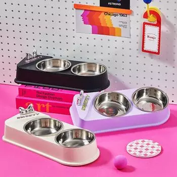 Двойная миска из нержавеющей стали для кошек и собак, нескользящая и противоударная миска для домашних животных, миска-бабочка для кошачьего корма, миска для собачьего корма 32.5*3.5*6cm