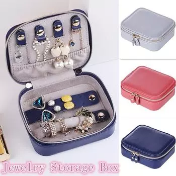 Двойная молния, дорожная портативная шкатулка для драгоценностей, органайзер, кожаная коробка для хранения ювелирных изделий, колец, сережек с зеркалом синий