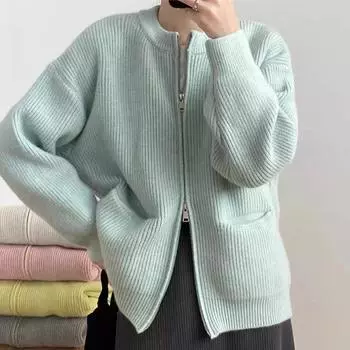 Двойная молния, однотонный свитер, кардиган, женская свободная повседневная вязаная куртка One size синий
