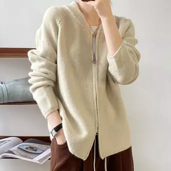 Двойная молния вязаный свитер кардиган женский осень и зима новый корейский ленивый стиль женский свитер прилив One size бежевый