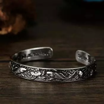 Двойная рыбка Play Lotus Белый медный серебряный браслет Новый год за годом Рыба Ретро-браслет Серебряные украшения Adjustable size