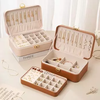 Двойная шкатулка для хранения ювелирных изделий, ожерелий, сережек, колец, ювелирных изделий, настольная шкатулка для хранения ювелирных изделий с несколькими отделениями и замком 25*17*8.5cm коричневый