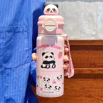 Двойная соломинка симпатичная термобутылка для воды большой емкости для питьевой воды для детей девочек мальчиков чёрный