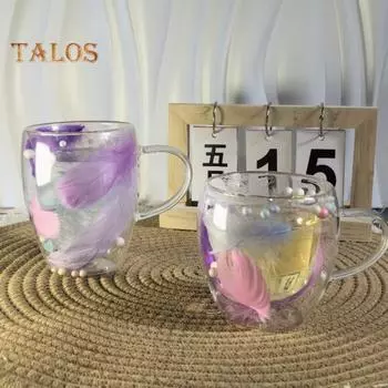 Двойная стеклянная кофейная кружка 250/350 мл с перьевым дизайном, с ручкой, с изоляцией, устойчивой к ожогам, с удобным захватом, с контролем температуры, для чая 250ml