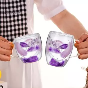 Двойная стеклянная кофейная кружка 250/350 мл с перьевым дизайном, с ручкой, с изоляцией, устойчивой к ожогам, с удобным захватом, с контролем температуры, для чая 250ml