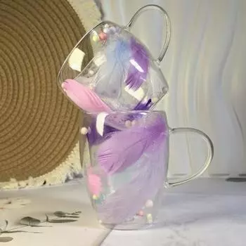 Двойная стеклянная кофейная кружка 250/350 мл с рисунком в виде перьев и ручкой, изолированная, с защитой от ожогов, удобная ручка 250ml