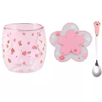 Двойная стеклянная кофейная кружка с ложкой и подставкой, мультяшный милый кот, чашка для молока и сока, домашний офис, кошачья лапа/коготь, чашка для девочки, подарок 180-200ml