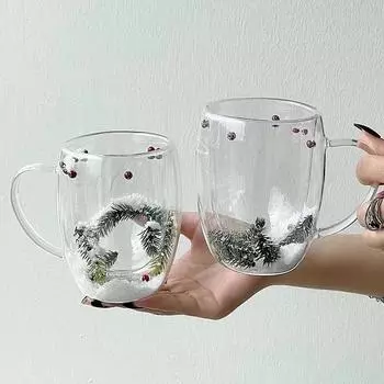 Двойная стеклянная кружка 200/350 мл с рождественским подарком, снежная сцена, кофейная кружка, термостойкая для горячих и холодных напитков, чашка для эспрессо 200-350ml