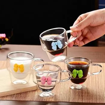 Двойная стеклянная кружка с бантом Прозрачная чашка для воды Чашка для чая Кружка для эспрессо Кружка из боросиликатного стекла Кухонные принадлежности для бара Посуда для питья 125ml розовый