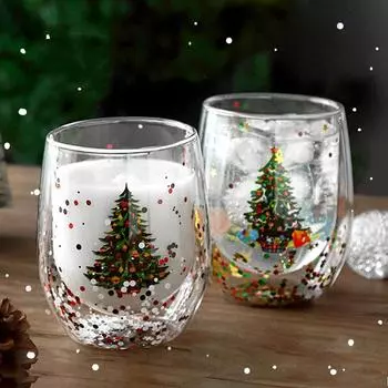 Двойная стеклянная кружка с рождественской елкой/снеговиком, термоизолированная кружка для кофе эспрессо, молока, чая, сока, подарочная кружка для вечеринки, 300 мл