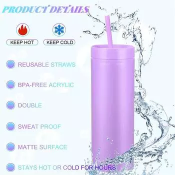 Двойная стенка узкий стакан пластиковый укрепленный бутылка для воды матовая отделка 16 унций прямая чашка изолированный стакан кружка для кофе с соломинкой 16oz чёрный