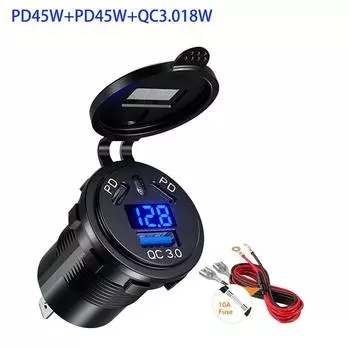 Двойное быстрое зарядное устройство USB 45 Вт PD Type C 18 Вт QC 3,0 с вольтметром и кнопочным переключателем, автомобильное зарядное устройство для автомобиля, лодки, морского квадроцикла синий