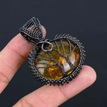 Двойное Дерево Жизни Балтийский янтарь драгоценный камень медная проволока обертка ювелирное изделие ручной работы кулон для женщин 2.24 Inches оранжевый