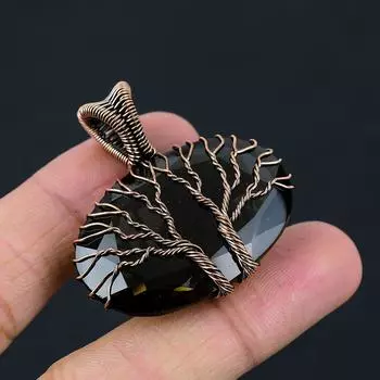 Двойное дерево жизни дымчатый топаз драгоценный камень медная проволока кулон ювелирный подарок 1.65 Inches чёрный