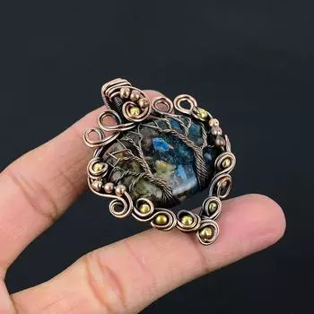 Двойное древо жизни, арбуз, турмалин, драгоценный камень, медная проволока ручной работы, ювелирный кулон 2.36 Inches разноцветный