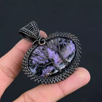 Двойное Древо Жизни Чароит Драгоценный Камень Ручной Работы Медная Проволока Обертка Ювелирное Изделие Подвеска Для Свадебного Подарка 2.48 inches фиолетовый