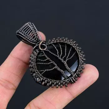 Двойное Древо Жизни, Черный Оникс, Драгоценный Камень, Медная Проволока Ручной Работы, Ювелирная Подвеска Для Любви 2.56 Inches чёрный