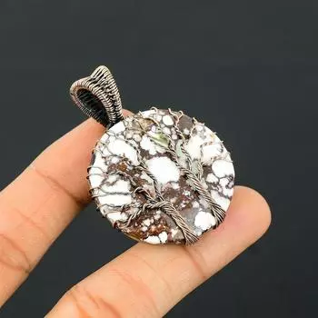 Двойное древо жизни дикая лошадь драгоценный камень медная проволока обертка ручной работы кулон ювелирные изделия для подарка 2.16 Inches белый