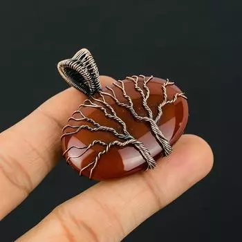 Двойное Древо Жизни Красный Сердолик Драгоценный Камень Медная Проволока Обертывание Кулон Ручной Работы Ювелирные Изделия Для Нее 1.88 Inches красный