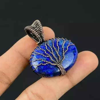 Двойное Древо Жизни Лазурит Драгоценный Камень Медная Проволока Обернуть Ювелирные Изделия Кулон Ручной Работы Для Подарка 1.77 Inches синий