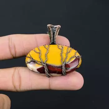 Двойное Древо Жизни Мукаит Драгоценный Камень Ручной Работы Чистая Медная Проволока Обернутый Подвеска Ювелирные Изделия 2.40 Inches жёлтый