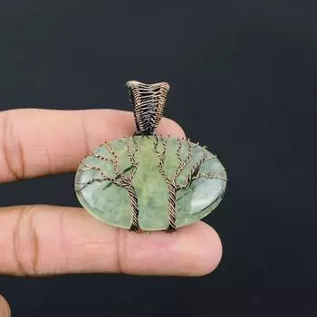 Двойное Древо Жизни Пренит Драгоценный Камень Ручной Работы Чистая Медная Проволока Обернутый Подвеска Ювелирные Изделия Для Женщин 2.40 Inches зелёный