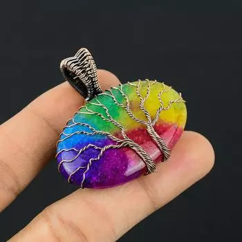 Двойное Древо Жизни Радуга Солнечный Кварц Драгоценный Камень Медная Проволока Обертка Кулон Ручной Работы Индийские Ювелирные Изделия 1.81 Inches