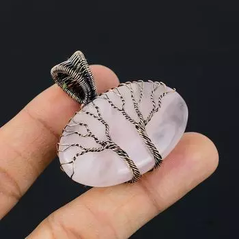 Двойное Древо Жизни Розовый Кварц Драгоценный Камень Медная Проволока Обертка Кулон Ручной Работы Ювелирные Изделия Для Свадебного Подарка 1.77 розовый