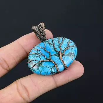 Двойное Древо Жизни с бирюзовым драгоценным камнем ручной работы из чистой медной проволоки, завернутое в замечательный ювелирный кулон 2.40 Inches синий