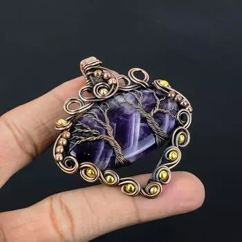 Двойное древо жизни, шалфей, аметист, драгоценный камень, медная проволока ручной работы, ювелирный кулон 2.64 Inches фиолетовый