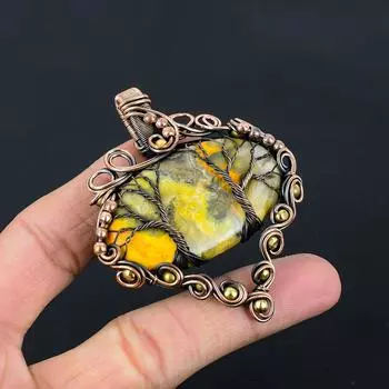 Двойное Древо жизни Шмель Яшма Драгоценный камень ручной работы из медной проволоки Ювелирный кулон 2.83 Inches жёлтый