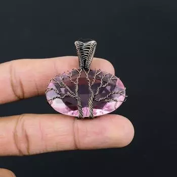 Двойное Древо Жизни, уникальный розовый кунцит, драгоценный камень, кулон ручной работы из чистой медной проволоки, завернутый в ювелирное изделие 2.40 Inches розовый