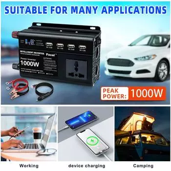 Двойное напряжение с автоматическим переключением постоянного тока 12 В и 24 В;48В и 60В;60 В и 70 В переменного тока, 220 В, 300 Вт, непрерывный/1000 Вт, пиковая модифицированная синусоидальная волна, 4 источника питания USB, инвертор мощности 220 В