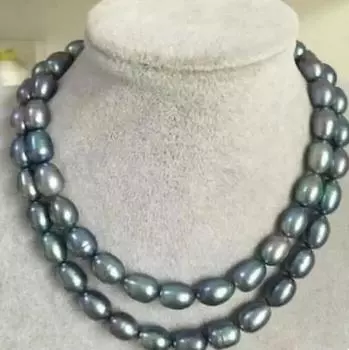 Двойное ожерелье из натурального таитянского черного синего жемчуга диаметром 9–10 мм, длина 32 дюйма.