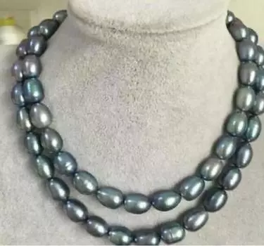 Двойное ожерелье из натурального таитянского черного синего жемчуга диаметром 9–10 мм, длина 32 дюйма.