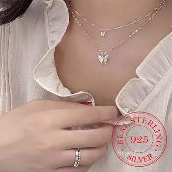 Двойное ожерелье из стерлингового серебра 925 пробы с бриллиантами и бабочкой для женщин, простой дизайн, элегантные свадебные украшения с кристаллами, подарки золотой