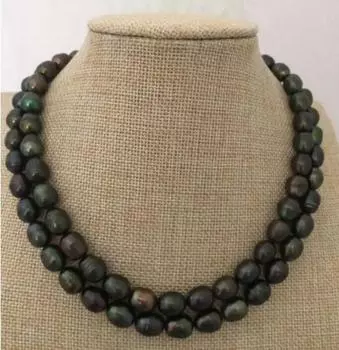 Двойное ожерелье с таитянским черным зеленым жемчугом в стиле барокко диаметром 9–10 мм длиной 18 дюймов и 19 дюймов.