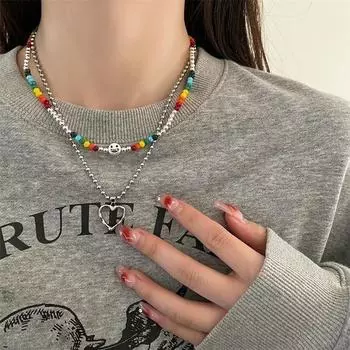 Двойное ожерелье со смайликами и любовью, женская цепочка на ключицу, дизайн Sense Niche Color Beaded Sweater Chain