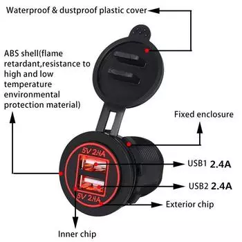 Двойное USB зарядное гнездо, розетка питания 2.4A и 2.4A для автомобиля, лодки, морского транспорта, мотоцикла