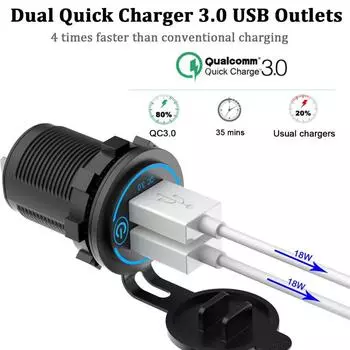 Двойное зарядное гнездо USB, быстрая зарядка, розетка, адаптер с сенсорным переключателем, водонепроницаемый для автомобиля, мотоцикла, грузовика, автофургона, лодки