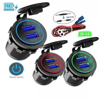 Двойное зарядное гнездо USB, быстрая зарядка, розетка, адаптер с сенсорным переключателем, водонепроницаемый для автомобиля, мотоцикла, грузовика, автофургона, лодки